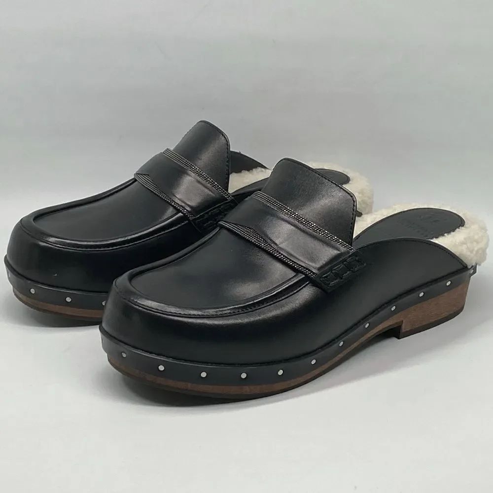 Brunello Cucinelli Beaded Shearling & Leather Clogs size 39
